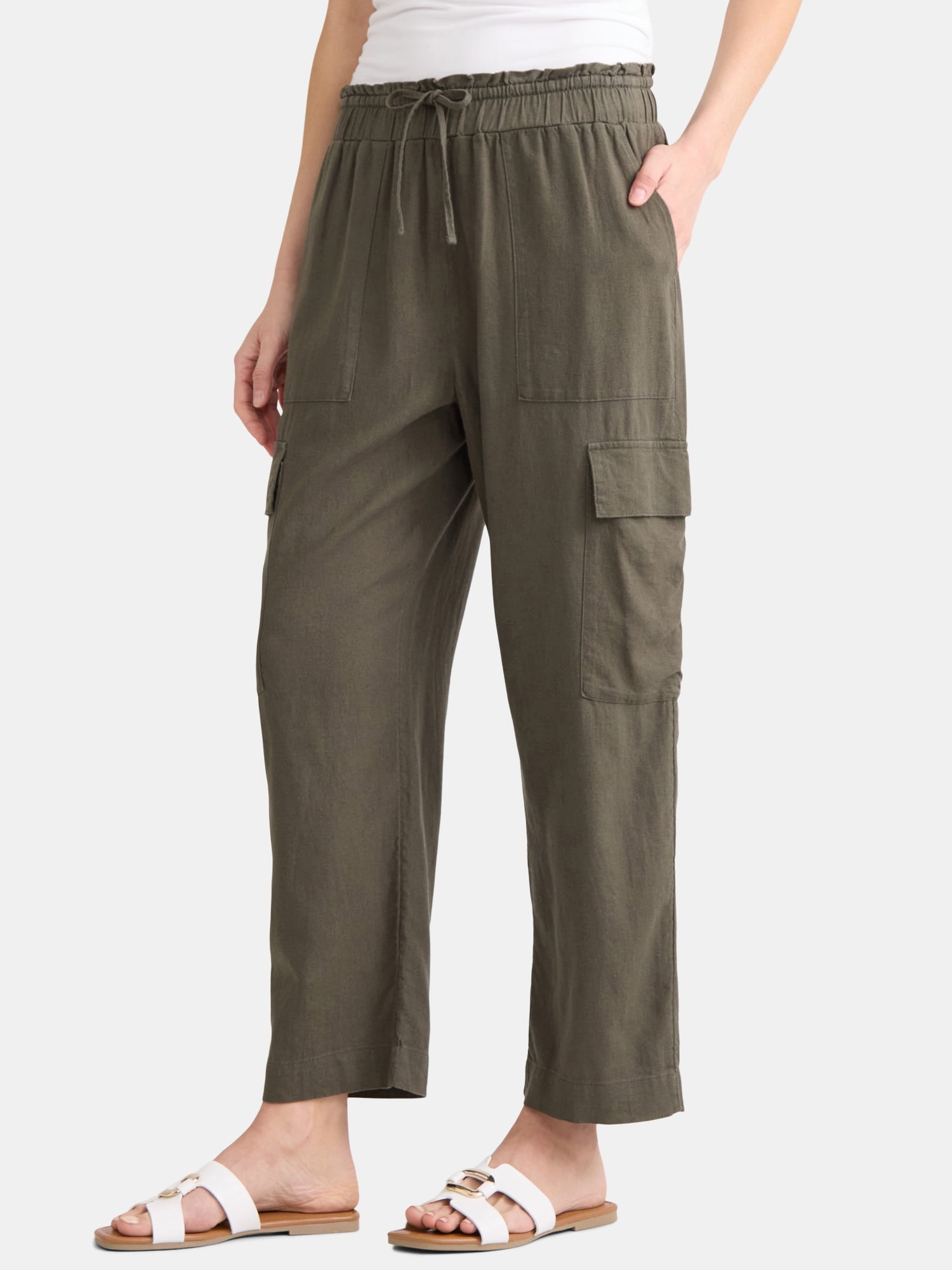 Time and Tru Women’s and Women’s Plus Linen Blend Cropped Cargo Pants, 27" Inseam, Sizes XS-3XL