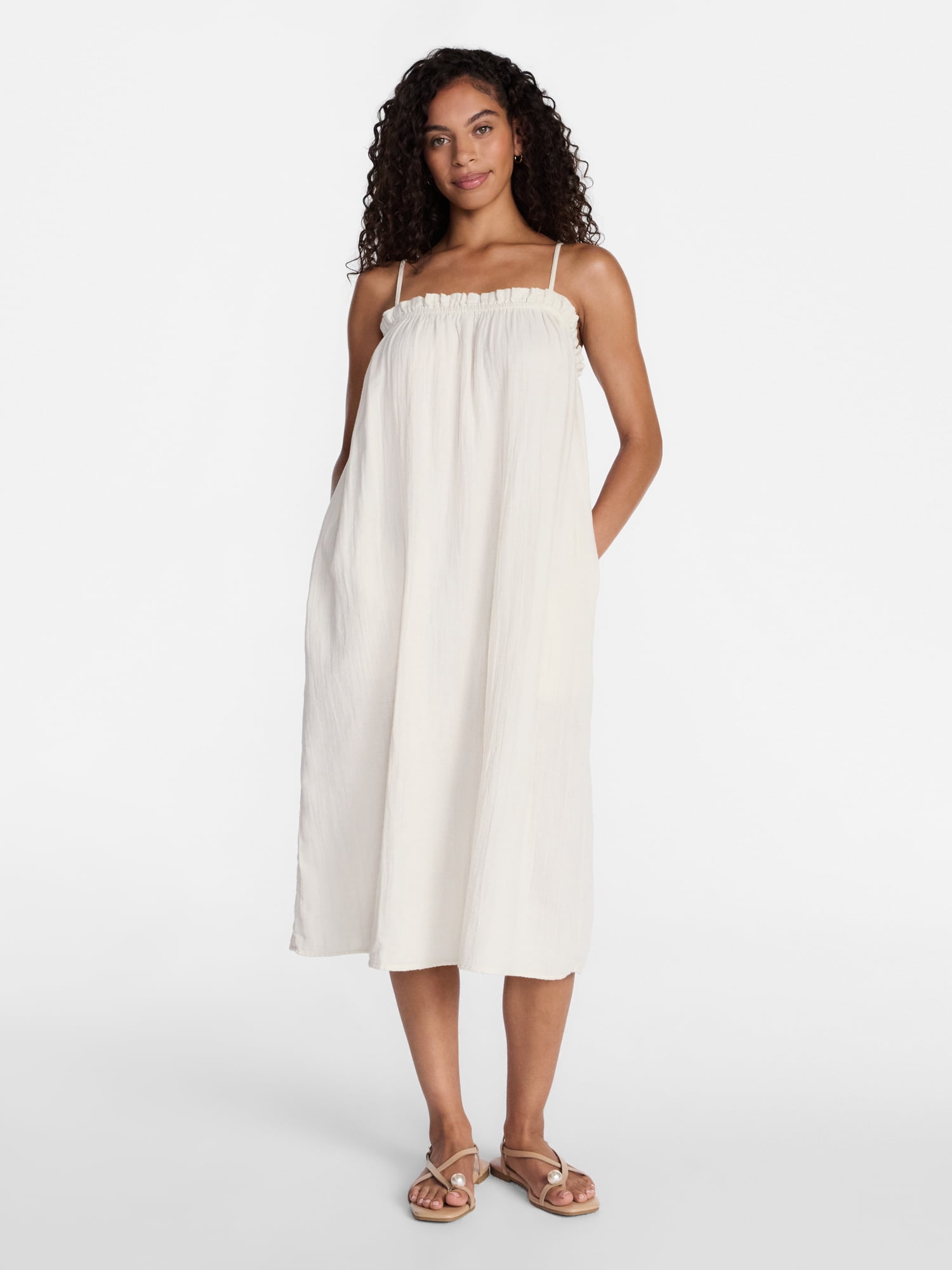 Time and Tru Women's Sleeveless Double Cloth Cotton Midi Dress, Sizes XS-XXXL