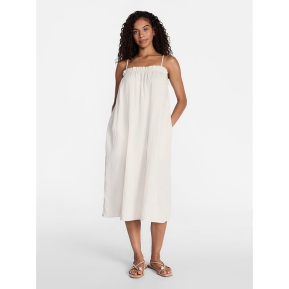 Time and Tru Women's Sleeveless Double Cloth Cotton Midi Dress, Sizes XS-XXXL