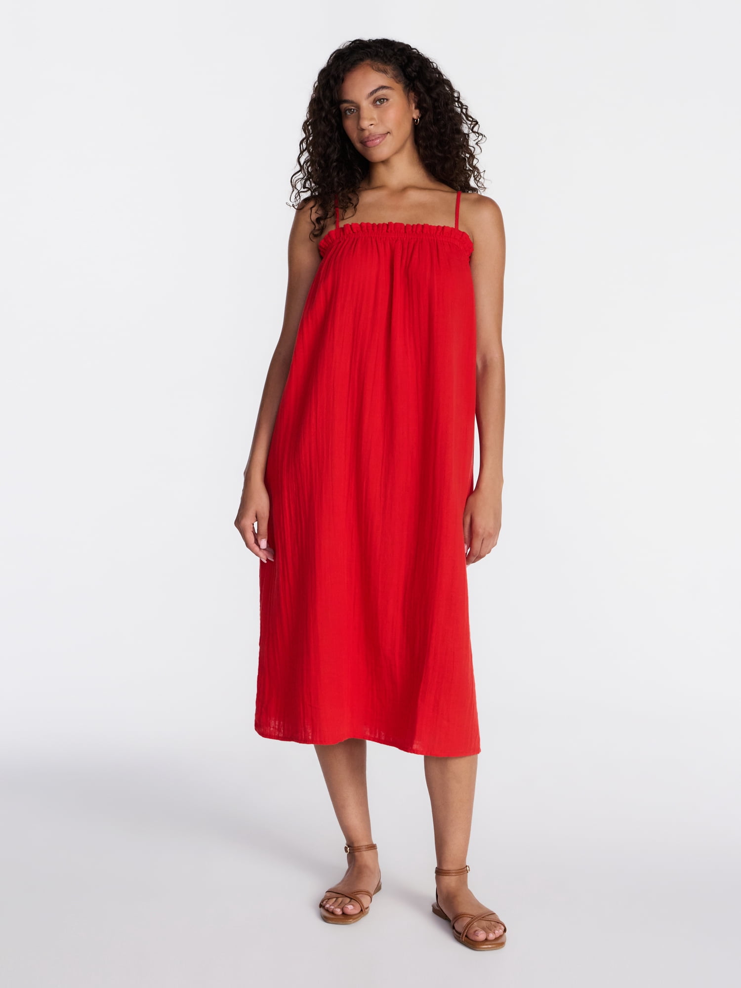 Time and Tru Women's Sleeveless Double Cloth Cotton Midi Dress, Sizes XS-XXXL
