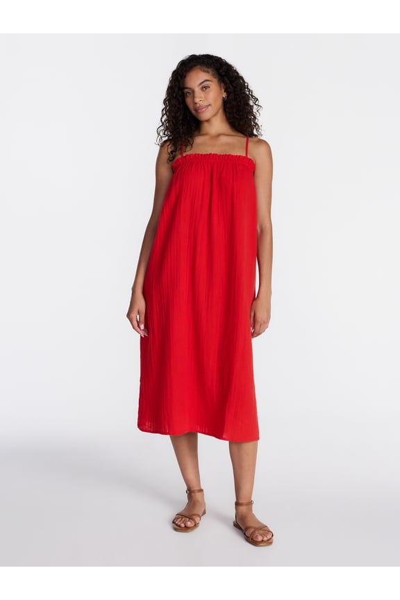 Women's Sleeveless Double Cloth Cotton Midi Dress, Sizes XS-XXXL