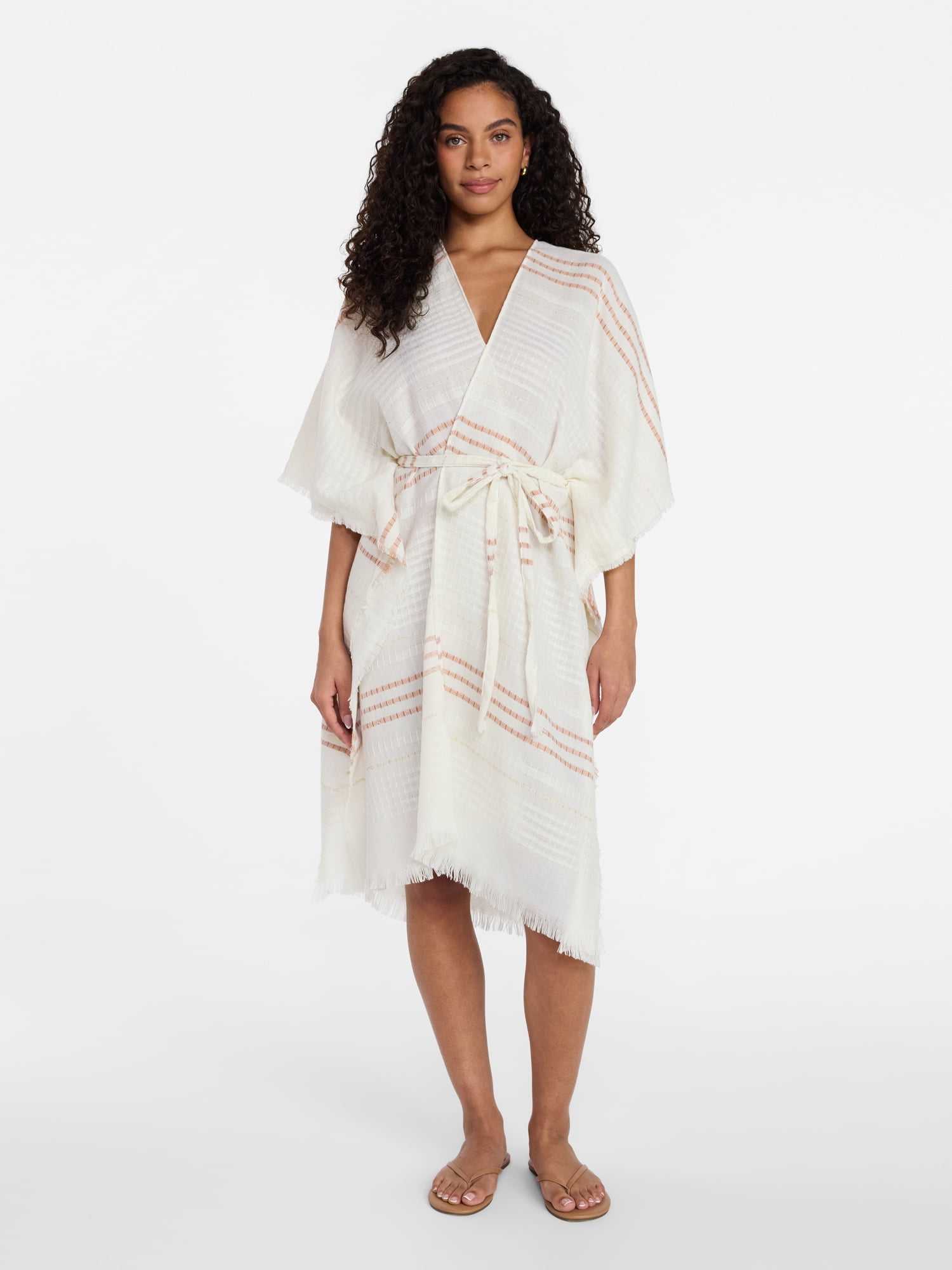 Time and Tru Women's Striped Ruana, Size S/M, White