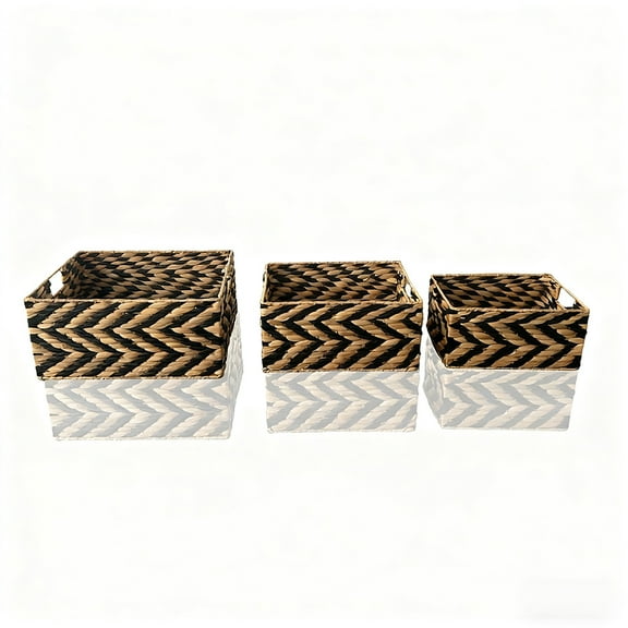 TT Set of 3 Rectangular Woven Water Hyacinth Basket,Square Shallow Basket With Handle Shelves Kitchen Office Desk