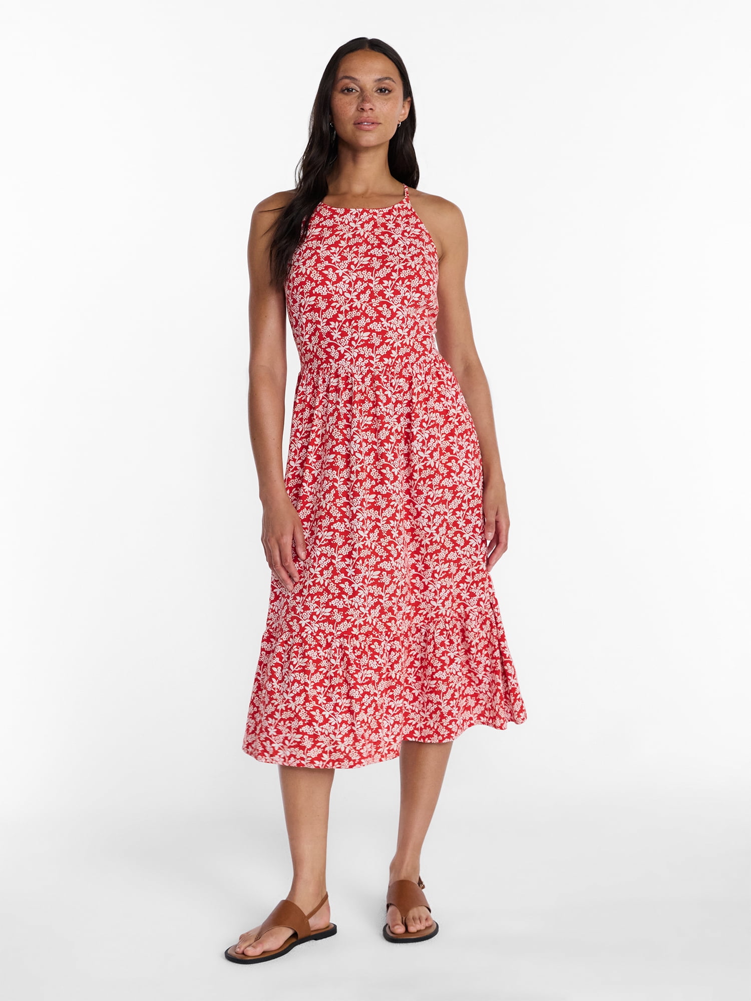 Time and Tru Women's Linen Blend Lace Up Halter Dress, Sizes XS-XXXL
