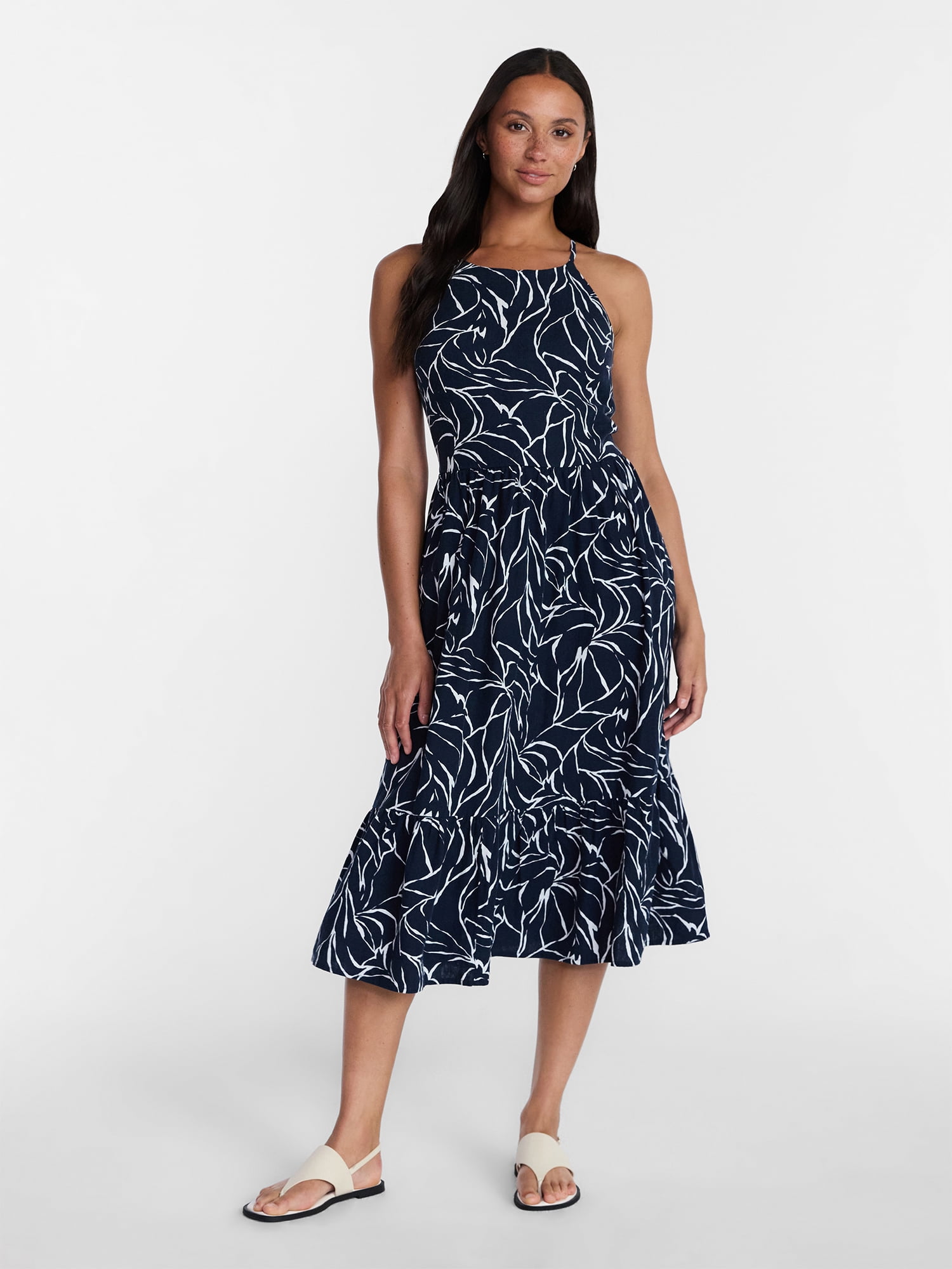 Time and Tru Women's Linen Blend Lace Up Halter Dress, Sizes XS-XXXL
