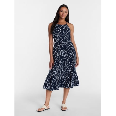 Time and Tru Women's Linen Blend Lace Up Halter Dress, Sizes XS-XXXL