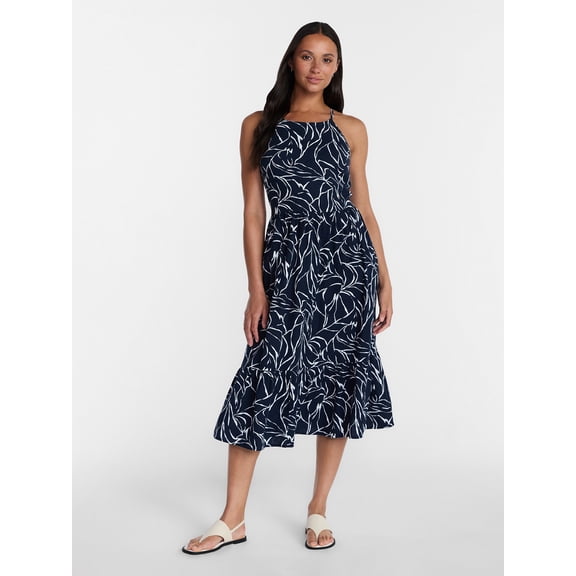 Time and Tru Women's Linen Blend Lace Up Halter Dress, Sizes XS-XXXL