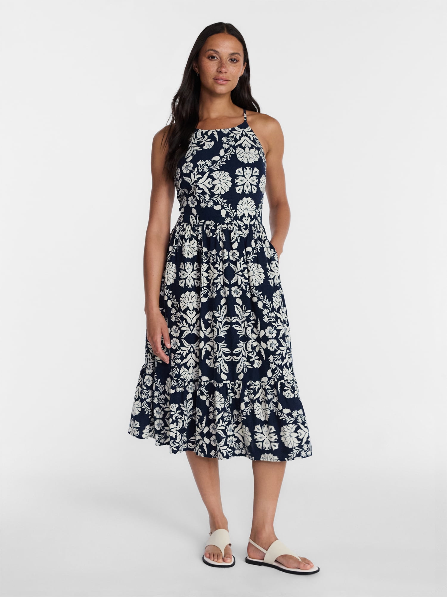Time and Tru Women's Linen Blend Lace Up Halter Dress, Sizes XS-XXXL