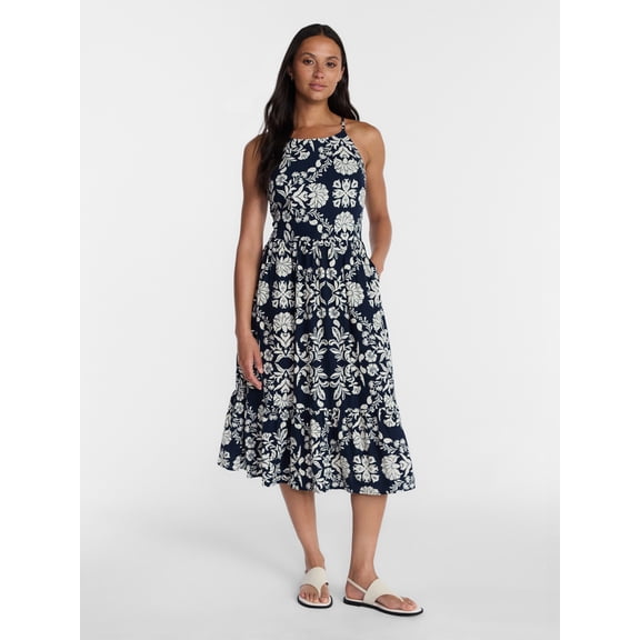 Time and Tru Women's Linen Blend Lace Up Halter Dress, Sizes XS-XXXL
