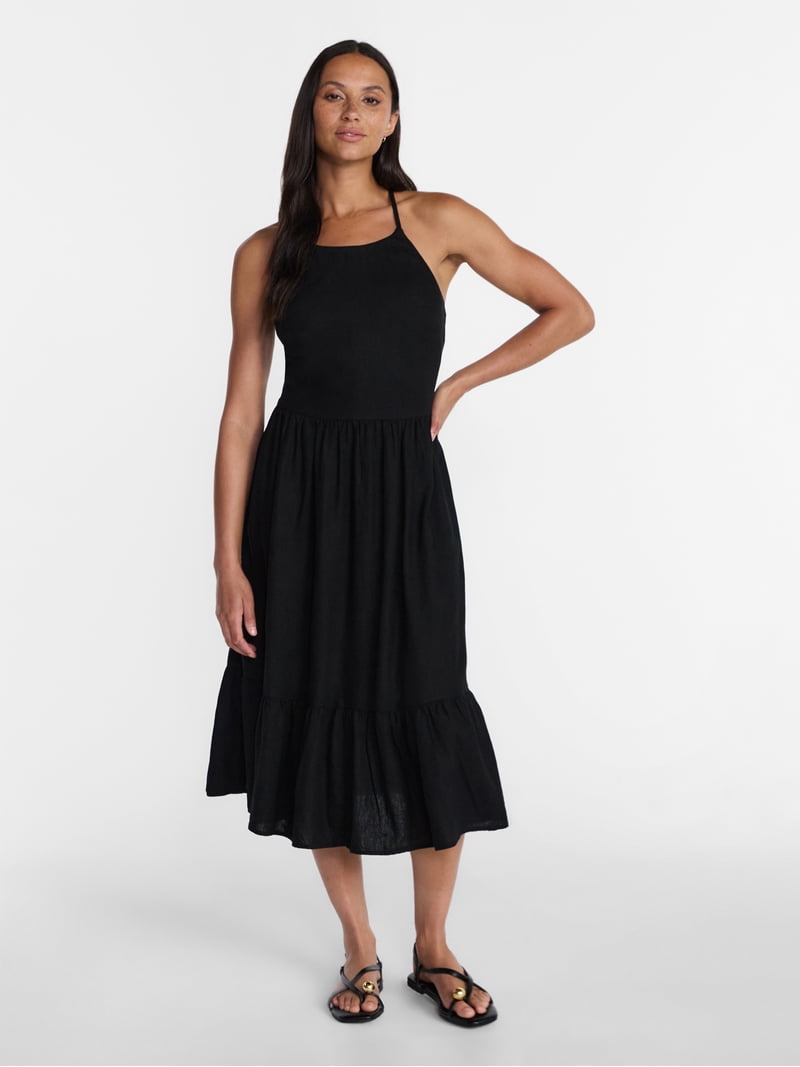 Time and Tru Women's Linen Blend Lace Up Halter Dress, Sizes Xs-xxxl