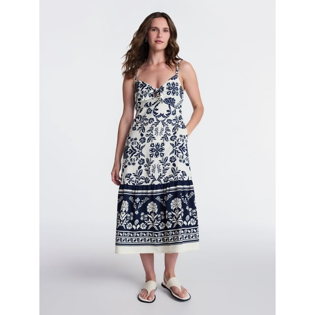 Time and Tru Women's Tie Bodice Strappy Midi Dress, Sizes XS-XXXL