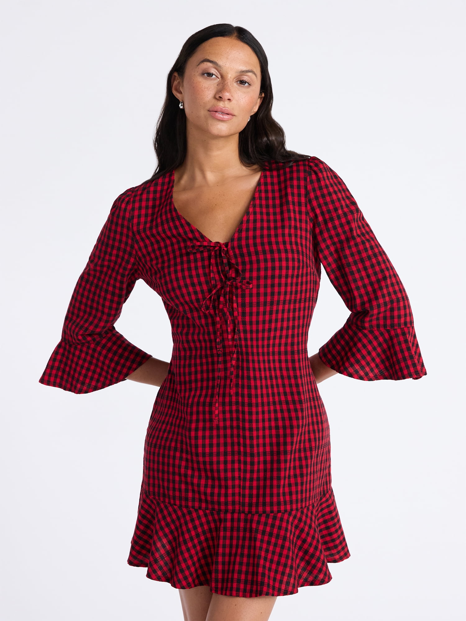 Time and Tru Women's Plaid Tie Front Mini Dress, Sizes XS-XXXL