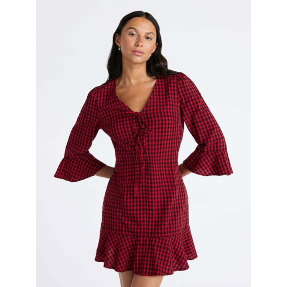 Time and Tru Women's Plaid Tie Front Mini Dress, Sizes XS-XXXL