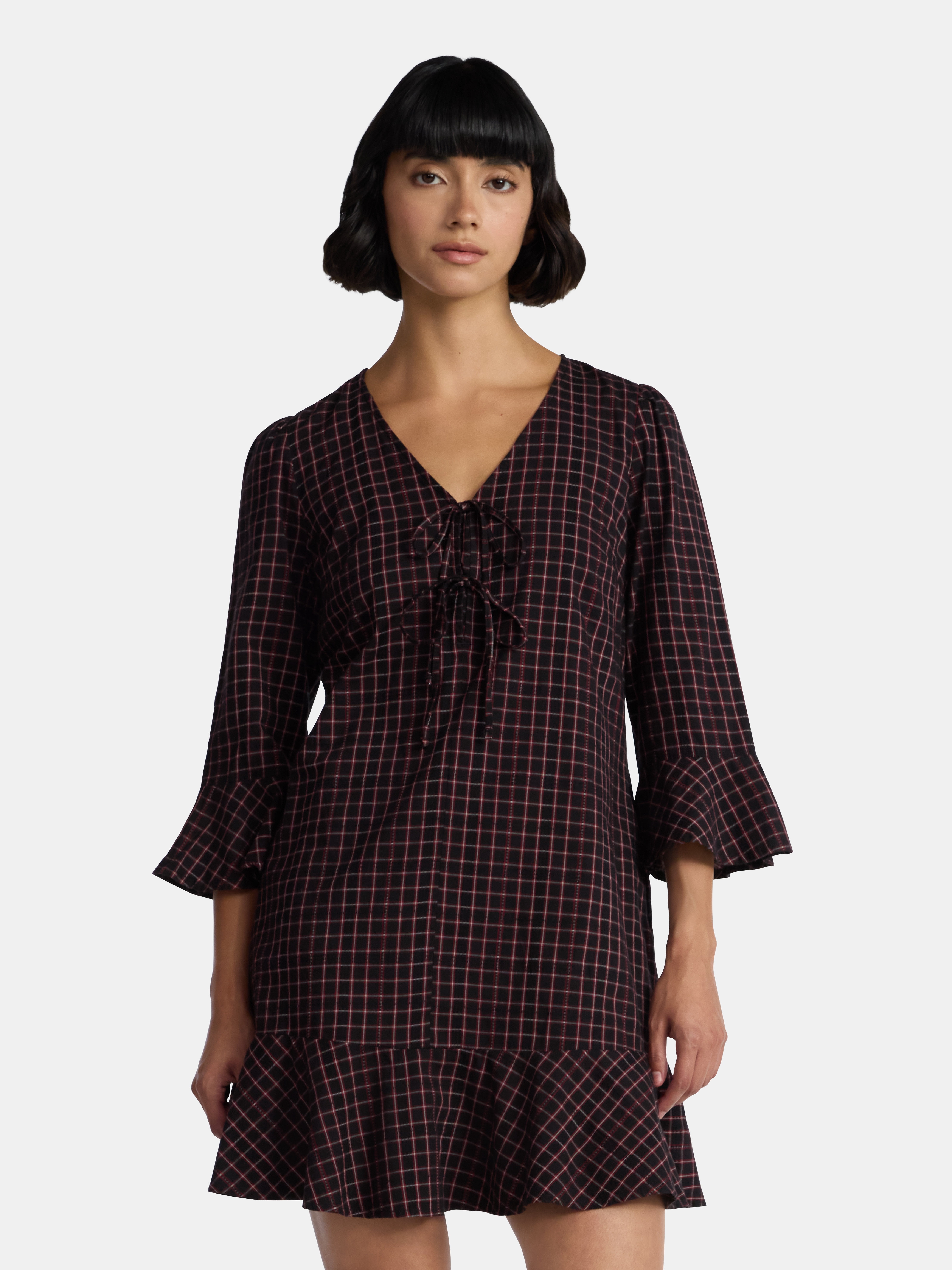 Time and Tru Women's Plaid Tie Front Mini Dress, Sizes XS-XXXL