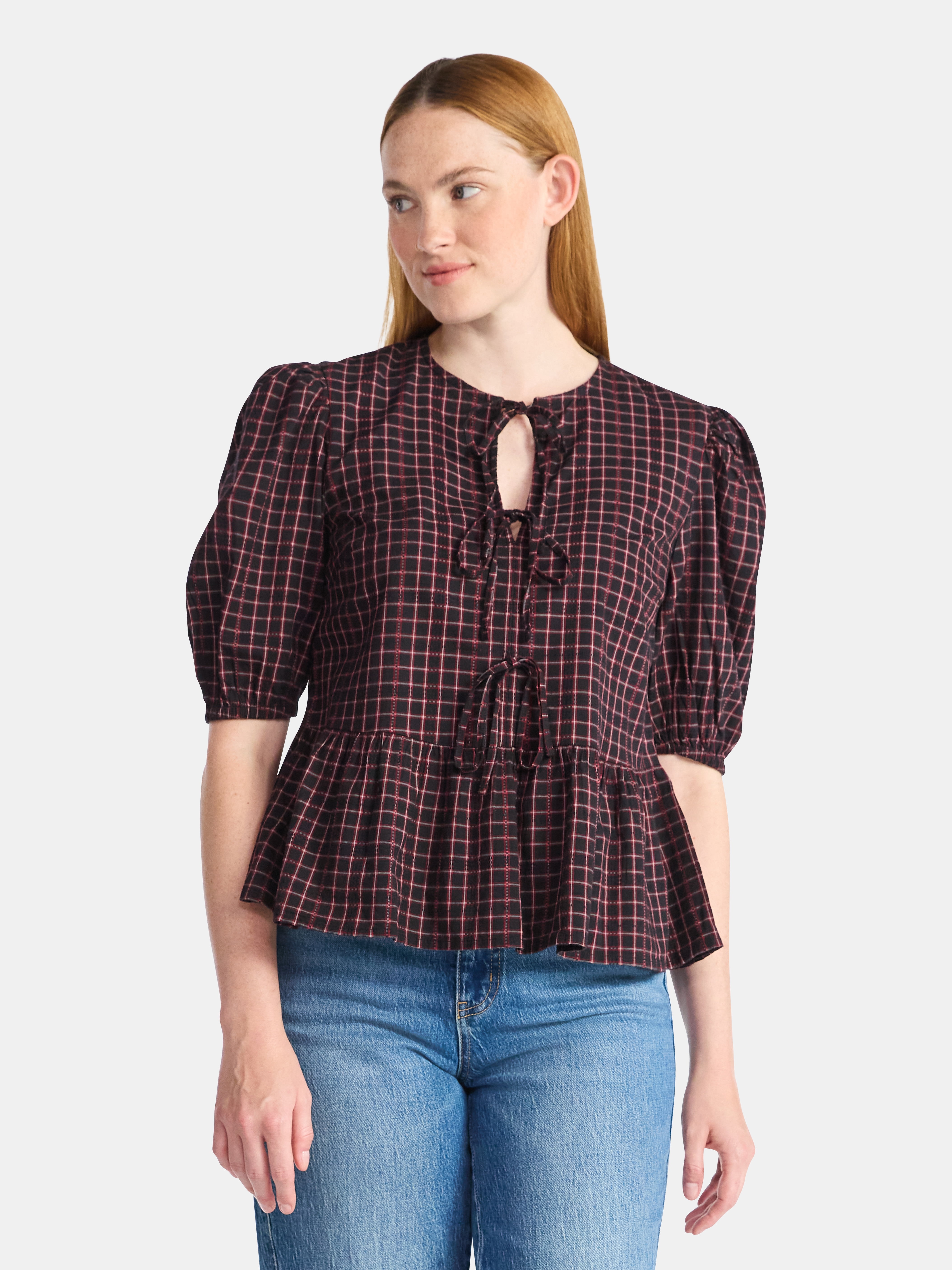 Time and Tru Women's Tie Front Peplum Top with Short Puff Sleeves, Size XS – XXXL