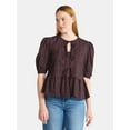 thumbnail image 1 of Time and Tru Women's Tie Front Peplum Top with Short Puff Sleeves, Size XS – XXXL, 1 of 5