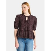 TIME AND TRU Women's Tie Front Peplum Top with Short Puff Sleeves, Size XS – XXXL