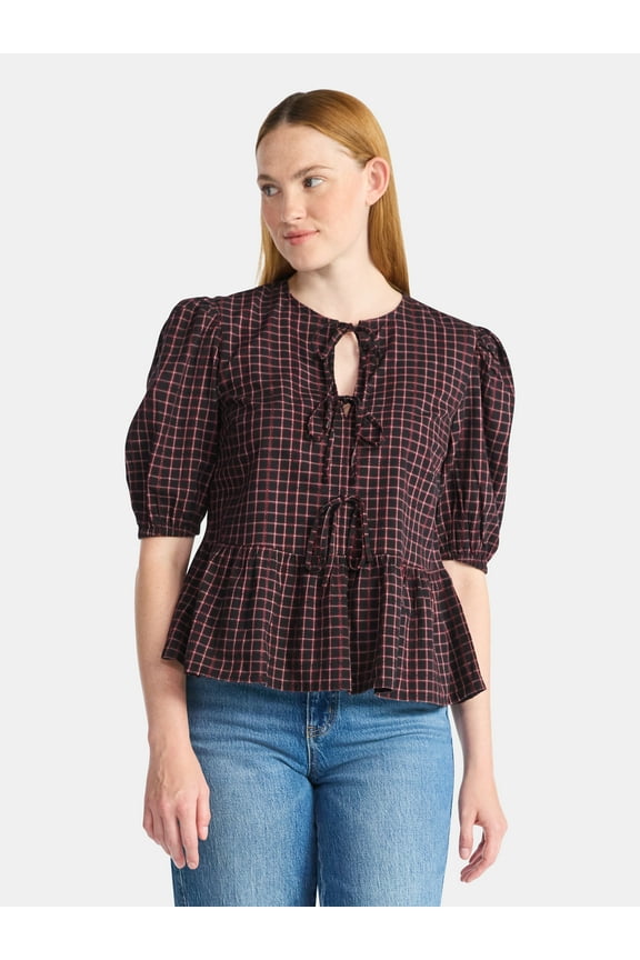 Women's Tie Front Peplum Top with Short Puff Sleeves, Size XS – XXXL