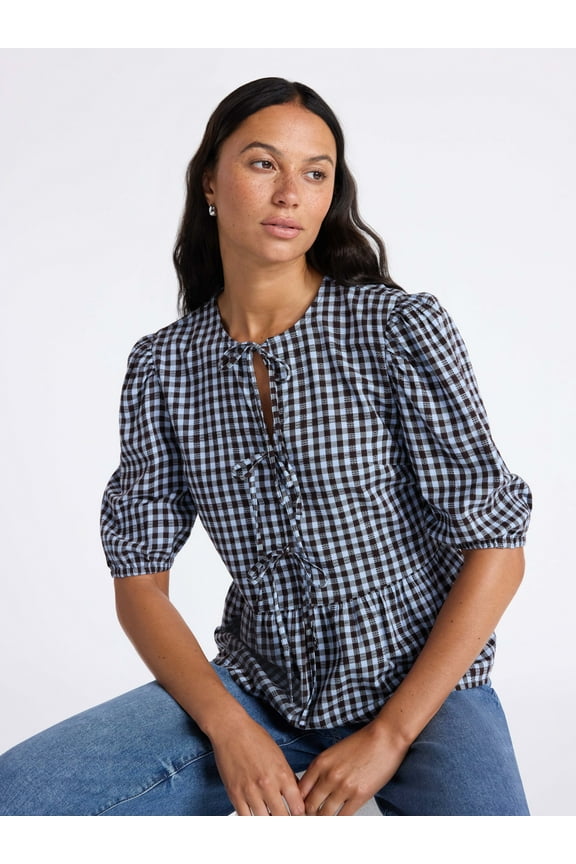 Women's Tie Front Peplum Top with Short Puff Sleeves, Size XS – XXXL