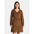 thumbnail image 1 of Time and Tru Women's Tiered Corduroy Dress with Long Sleeves, Sizes XS-XXXL, 1 of 5