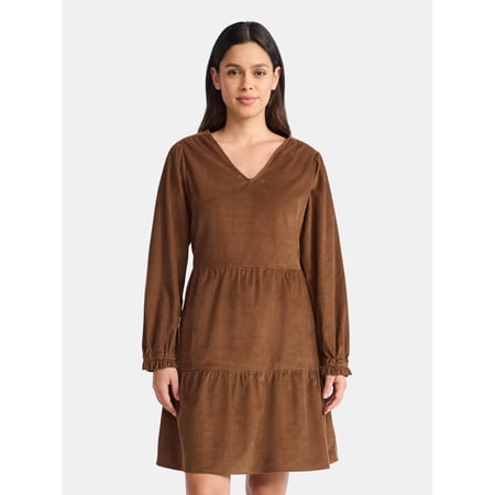 Time and Tru Women's Tiered Corduroy Dress with Long Sleeves, Sizes XS-XXXL