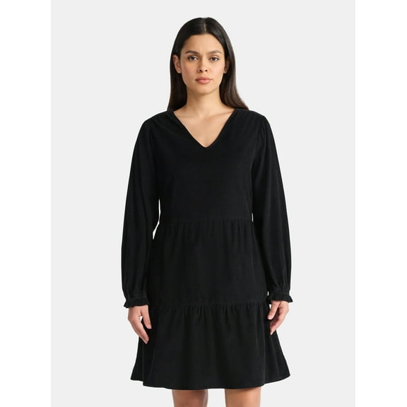 Time and Tru Women's Tiered Corduroy Dress with Long Sleeves, Sizes XS-XXXL