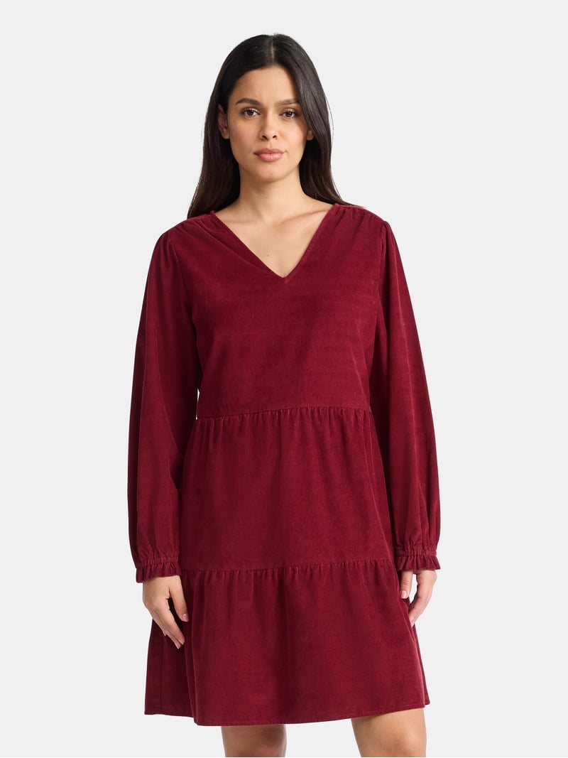 Time and Tru Women's Tiered Corduroy Dress with Long Sleeves, Sizes XS-XXXL