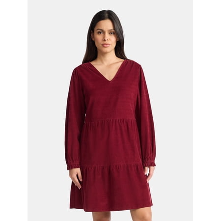 Time and Tru Women's Tiered Corduroy Dress with Long Sleeves, Sizes XS-XXXL
