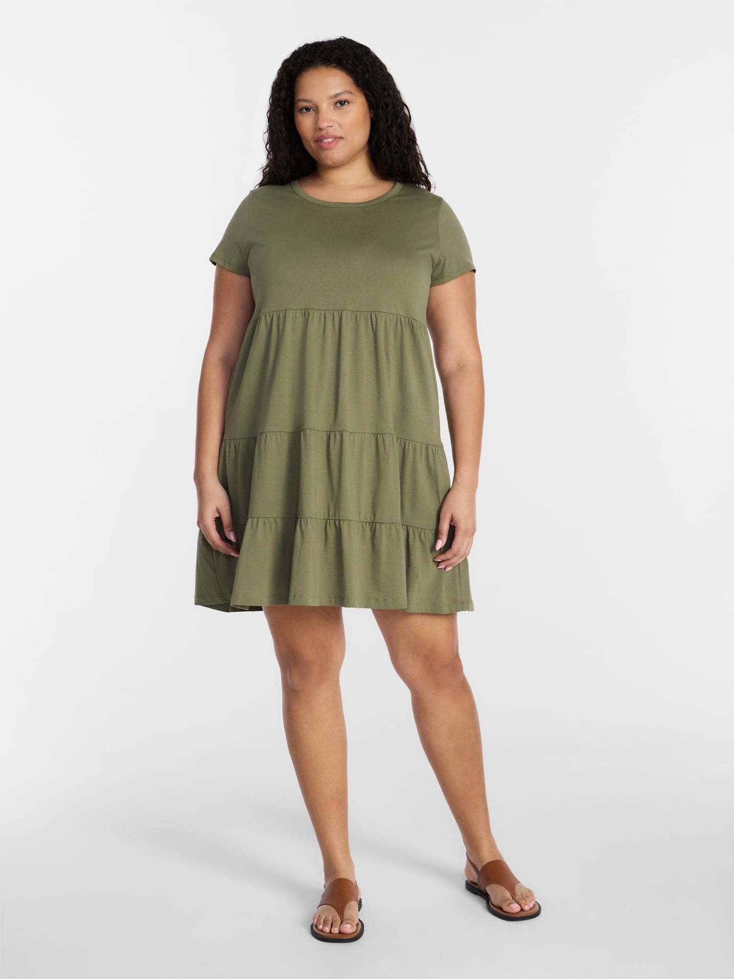Time and Tru Women's Tiered Cotton Mini Dress with Short Sleeves, Sizes Xs-xxxl, Green Time and Tru Women's Tiered Cotton Mini Dress with Short Sleeves, Sizes Xs-xxxl, Green