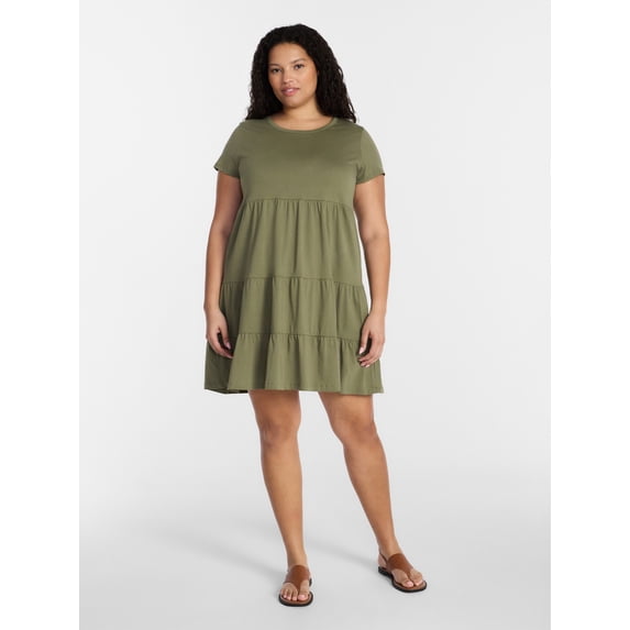 Time and Tru Women's Tiered Cotton Mini Dress with Short Sleeves, Sizes XS-XXXL