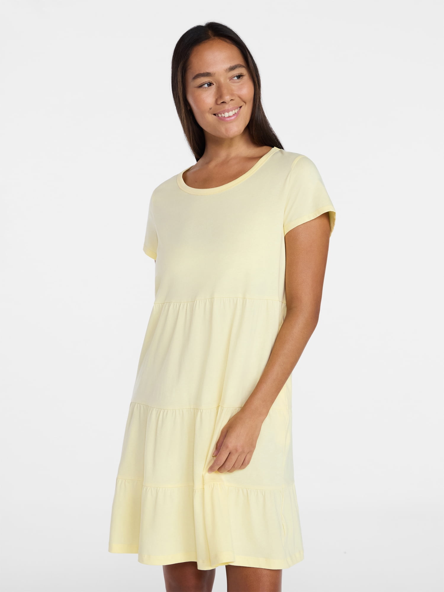 Time and Tru Women's Tiered Cotton Mini Dress with Short Sleeves, Sizes XS-XXXL