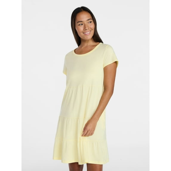 Time and Tru Women's Tiered Cotton Mini Dress with Short Sleeves, Sizes XS-XXXL