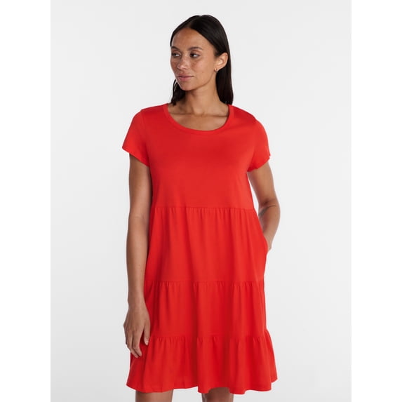 Time and Tru Women's Tiered Cotton Mini Dress with Short Sleeves, Sizes XS-XXXL