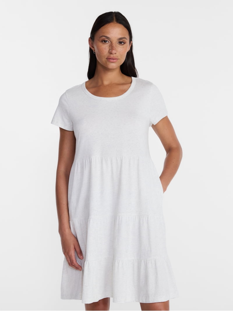 Time and Tru Women's Tiered Cotton Mini Dress with Short Sleeves, Sizes Xs-xxxl, Size: Large, Gray