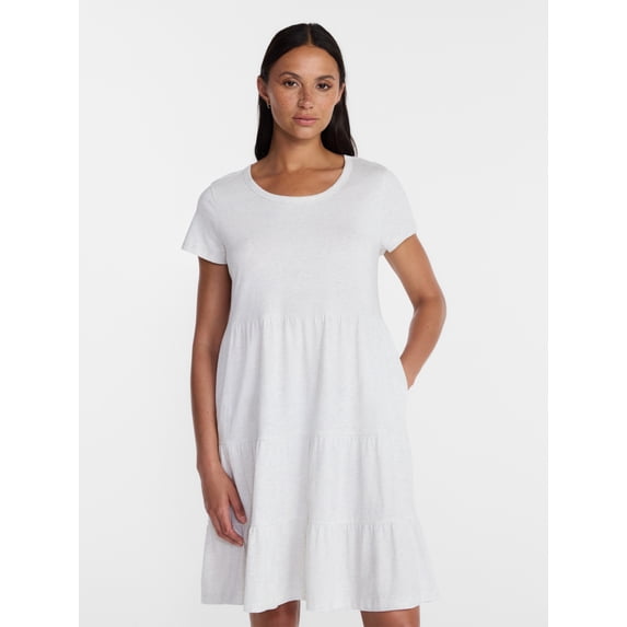 Time and Tru Women's Tiered Cotton Mini Dress with Short Sleeves, Sizes XS-XXXL