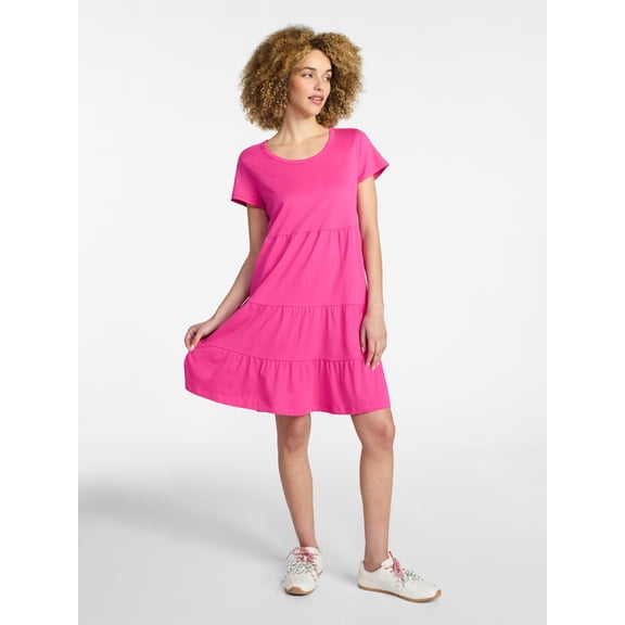 Time and Tru Women's Tiered Cotton Mini Dress with Short Sleeves, Sizes XS-XXXL