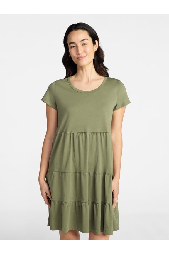 Women's Tiered Cotton Mini Dress with Short Sleeves, Sizes XS-XXXL