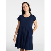 Time and Tru Womens Tiered Cotton Mini Dress with Short Sleeves, Sizes XS-L