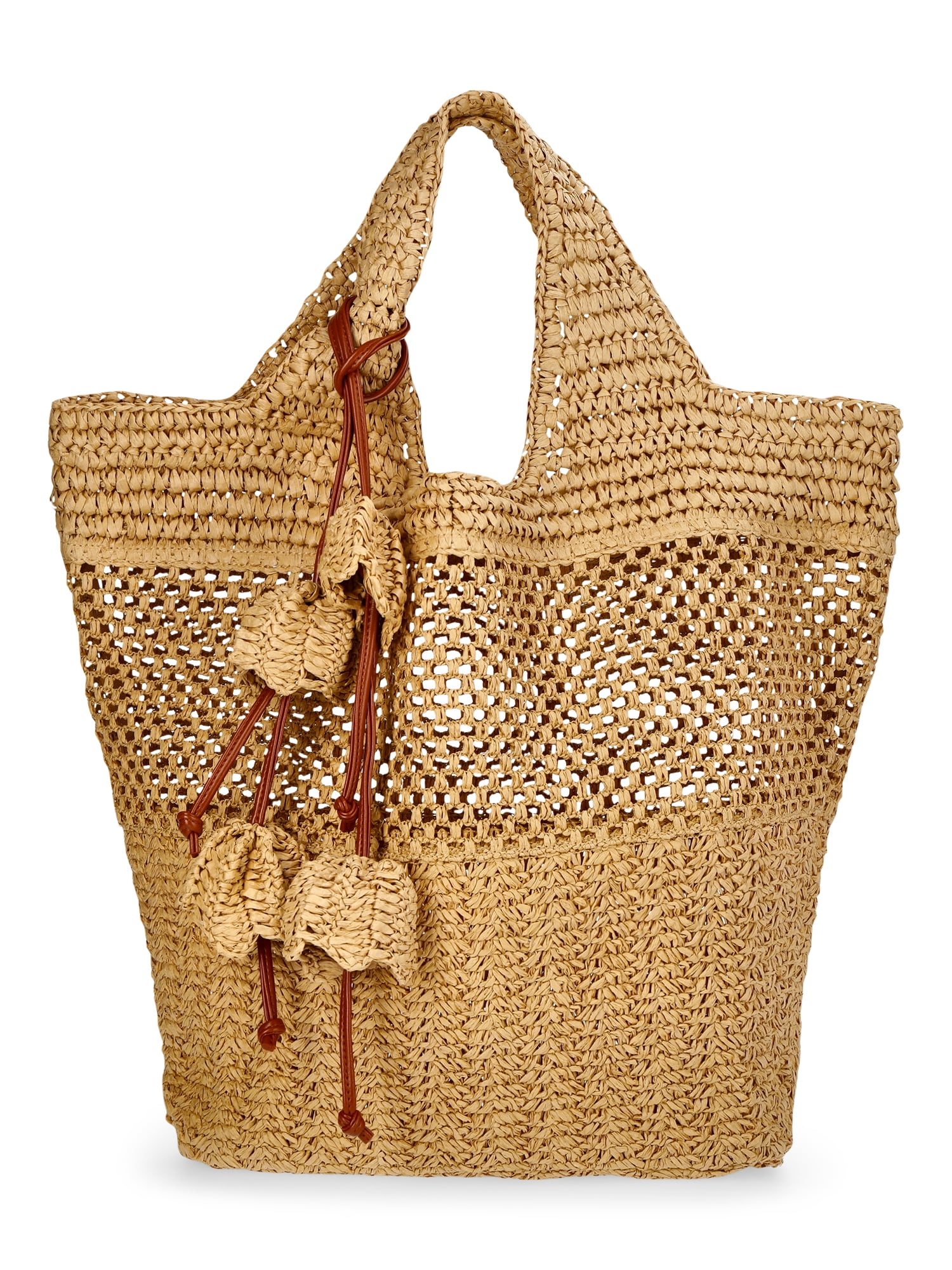 Time and Tru Women's Straw Tulip Tote Bag, Natural