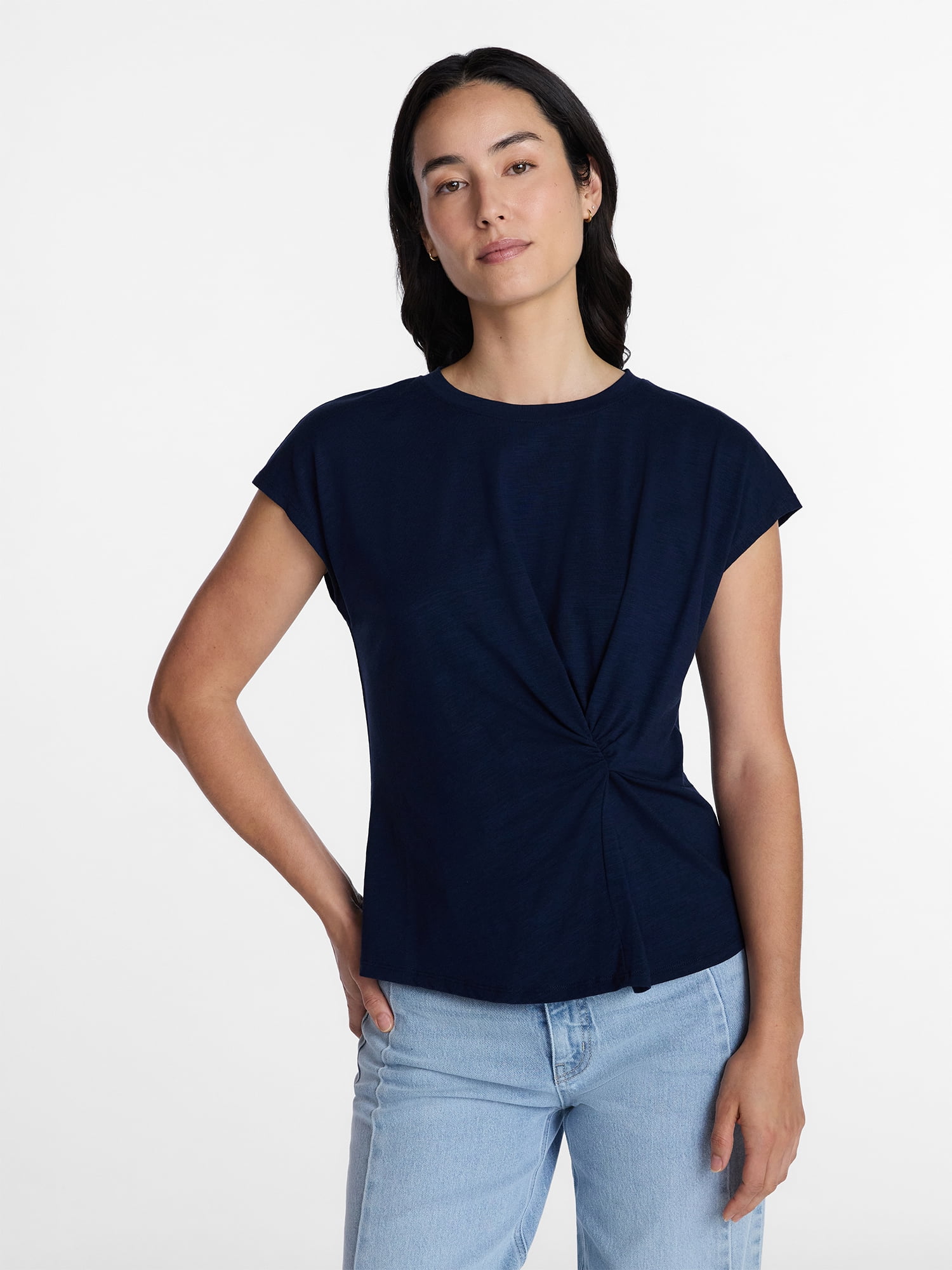 Time and Tru Women's Twist-Front Tee with Short Sleeves, Sizes XS