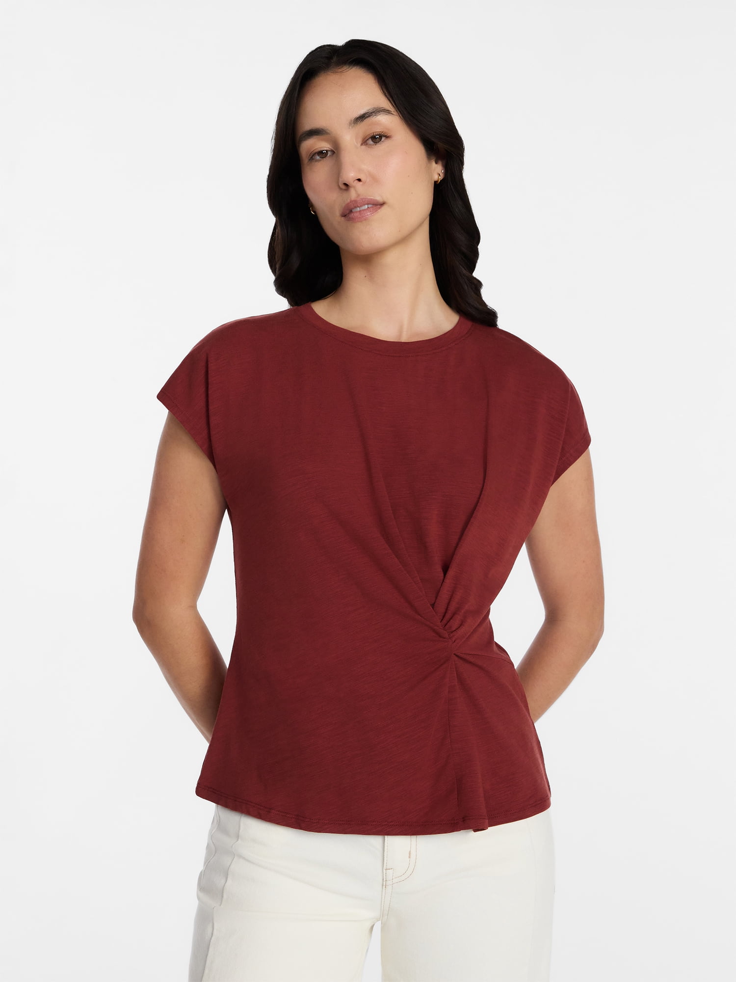 Time and Tru Women's Twist-Front Tee with Short Sleeves, Sizes XS-XXXL