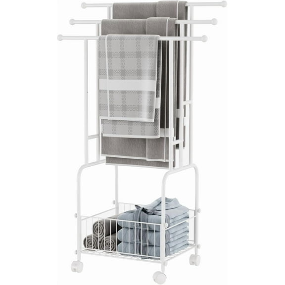 TT - Towel Racks for Bathroom, 42" H 3-Tier Durable White Reinforced Alloy Stand with Wheels and Basket, Free Standing Towel Rack, Multi-Use Blanket Rack for Indoor/Outdoor Bathroom Display
