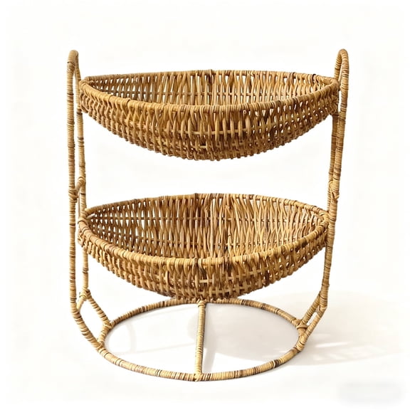 TT Two Tiered Rattan Serving Stand, Handmade Bohemian Style Faux Rattan Storage Basket, Perfect for Home Decor or Outdoor Gatherings