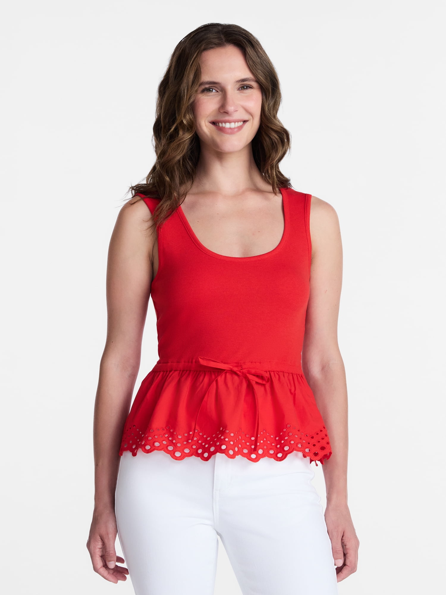 Time and Tru Women's Peplum Tank Top with Eyelet Trim, Sizes XS