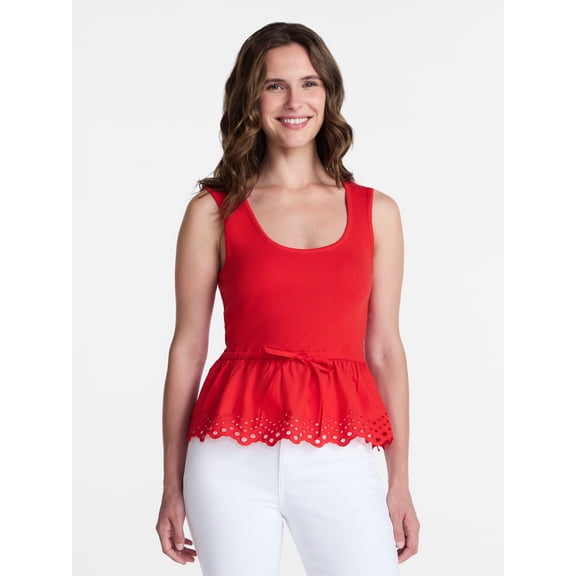 Time and Tru Women's Peplum Tank Top with Eyelet Trim, Sizes XS-XXXL