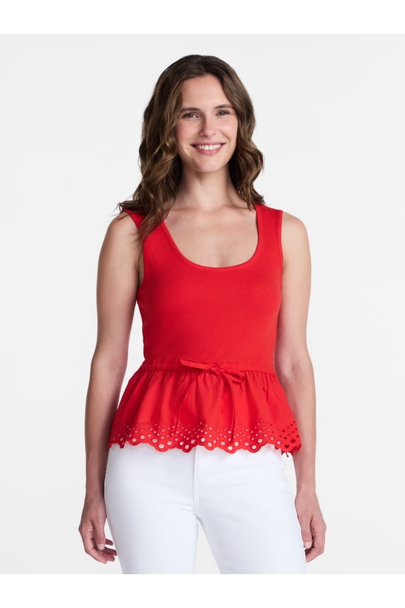 Women's Peplum Tank Top with Eyelet Trim, Sizes XS-XXXL