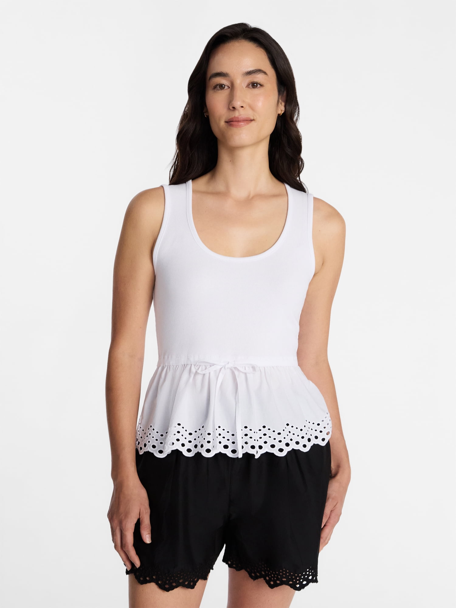 Time and Tru Women's Eyelet Trim Tank Top with Peplum Hem, Sizes XS-XXXL