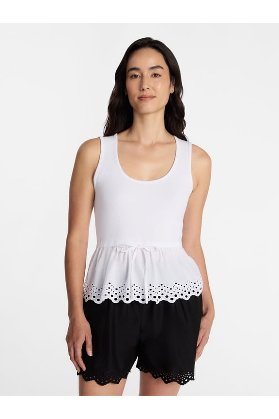 Women's Eyelet Trim Tank Top with Peplum Hem, Sizes XS-XXXL