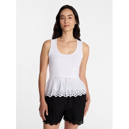 Time and Tru Women's Eyelet Trim Tank Top with Peplum Hem, Sizes XS-XXXL
