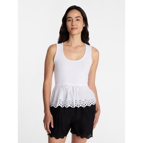 Women's Eyelet Trim Tank Top with Peplum Hem, Sizes XS-XXXL